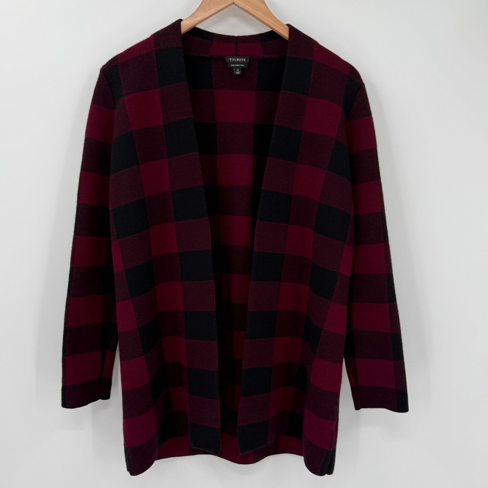 Talbots Buffalo Plaid Merino Wool Open Front Cardigan Sweater Red Black Small